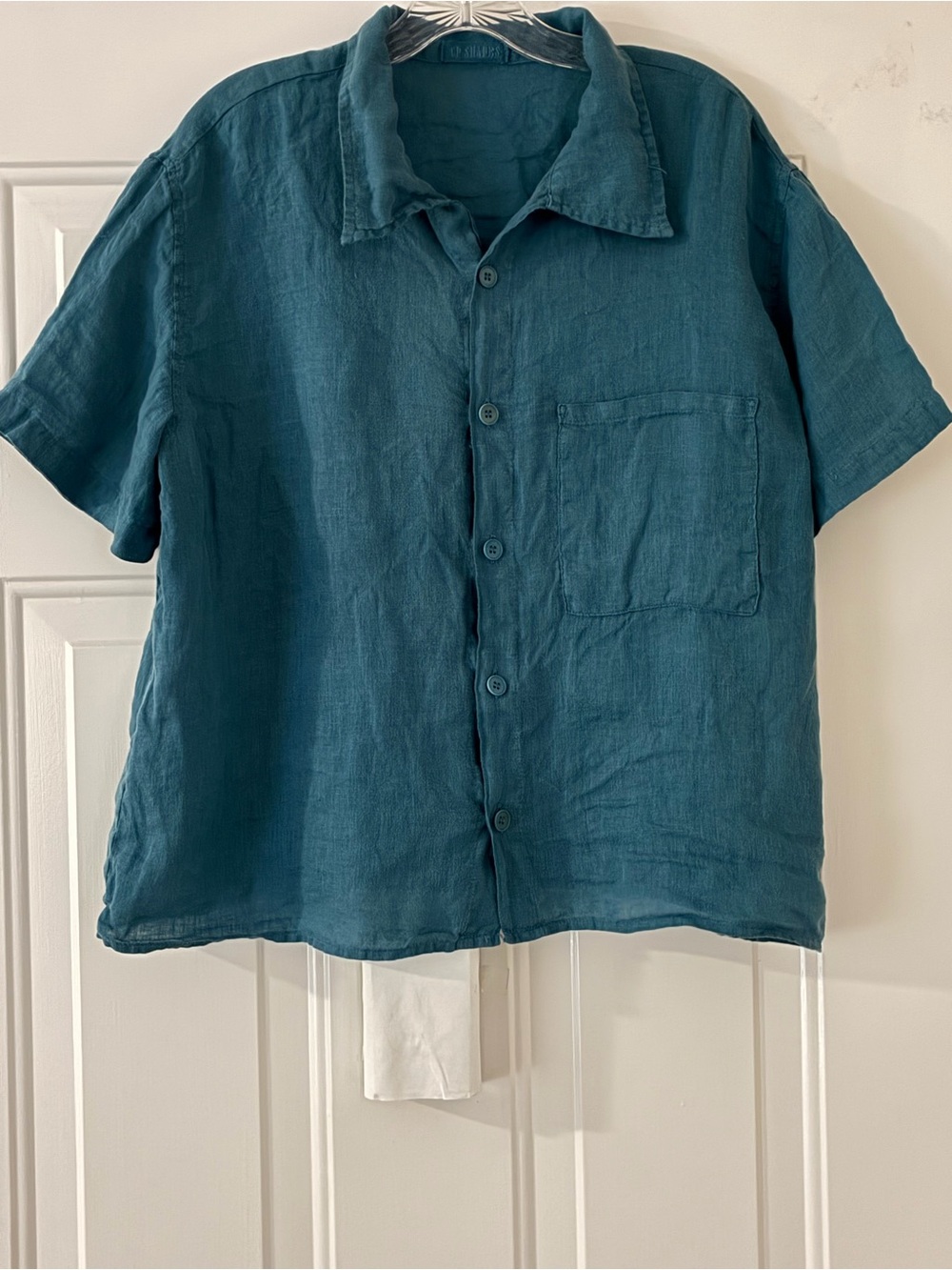 CP Shades Teal Short-Sleeve Button Front Linen Top